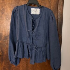 notPERFECTLINEN Navy Blue Tie-Front Peplum Blouse